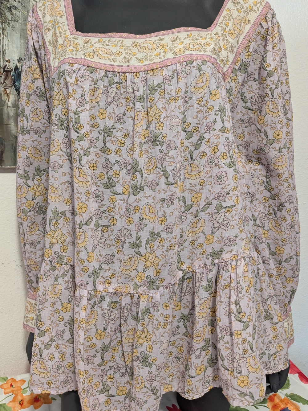 Womens Floral Lace-Trim Peasant Blouse - Pink & Yellow
